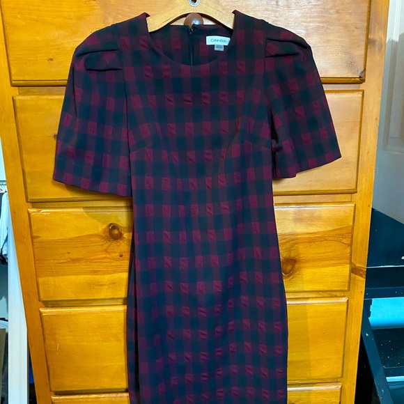 EUC Calvin Klein Short Checked Shift Dress with Oversized Puff Sleeves - Picture 4 of 9